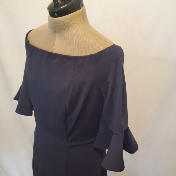 NWT ABS Collection Womens Sheath Dress Size10 Navy Blue Bell Sleeve Off Shoulder - Picture 2 of 14